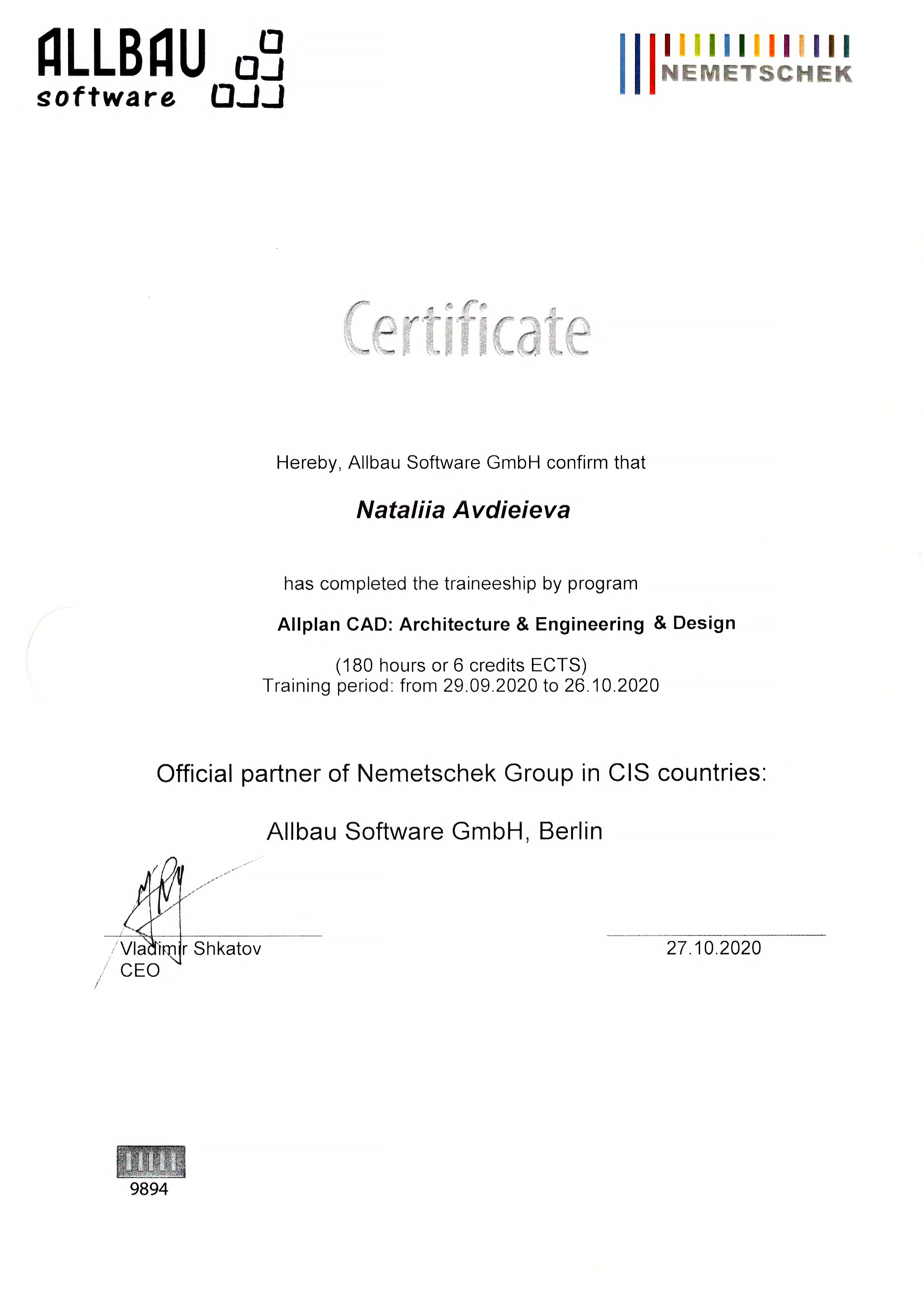 Certificate Allplan 2020 2 II 1