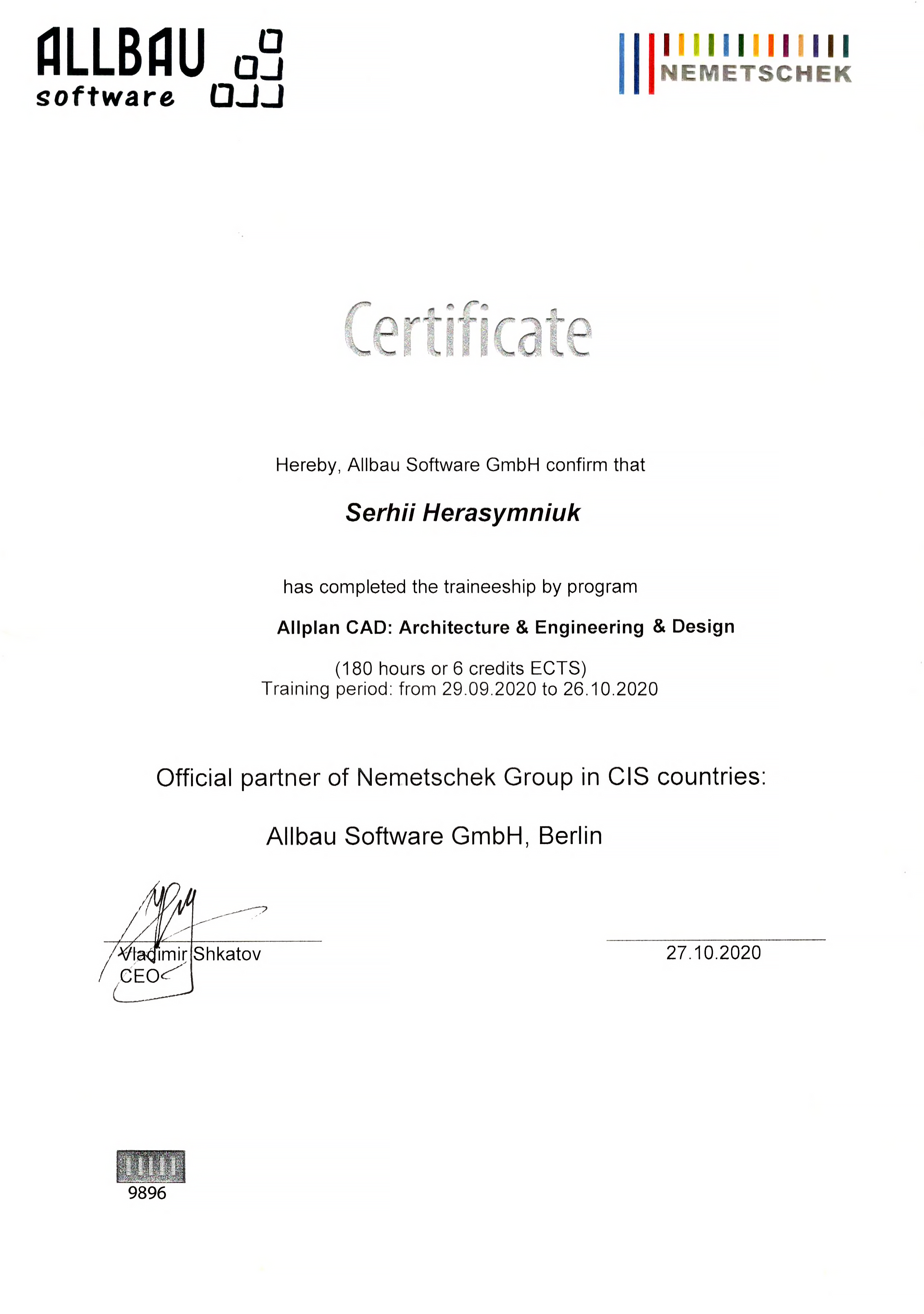 Certificate Allplan 2020 2 II 3