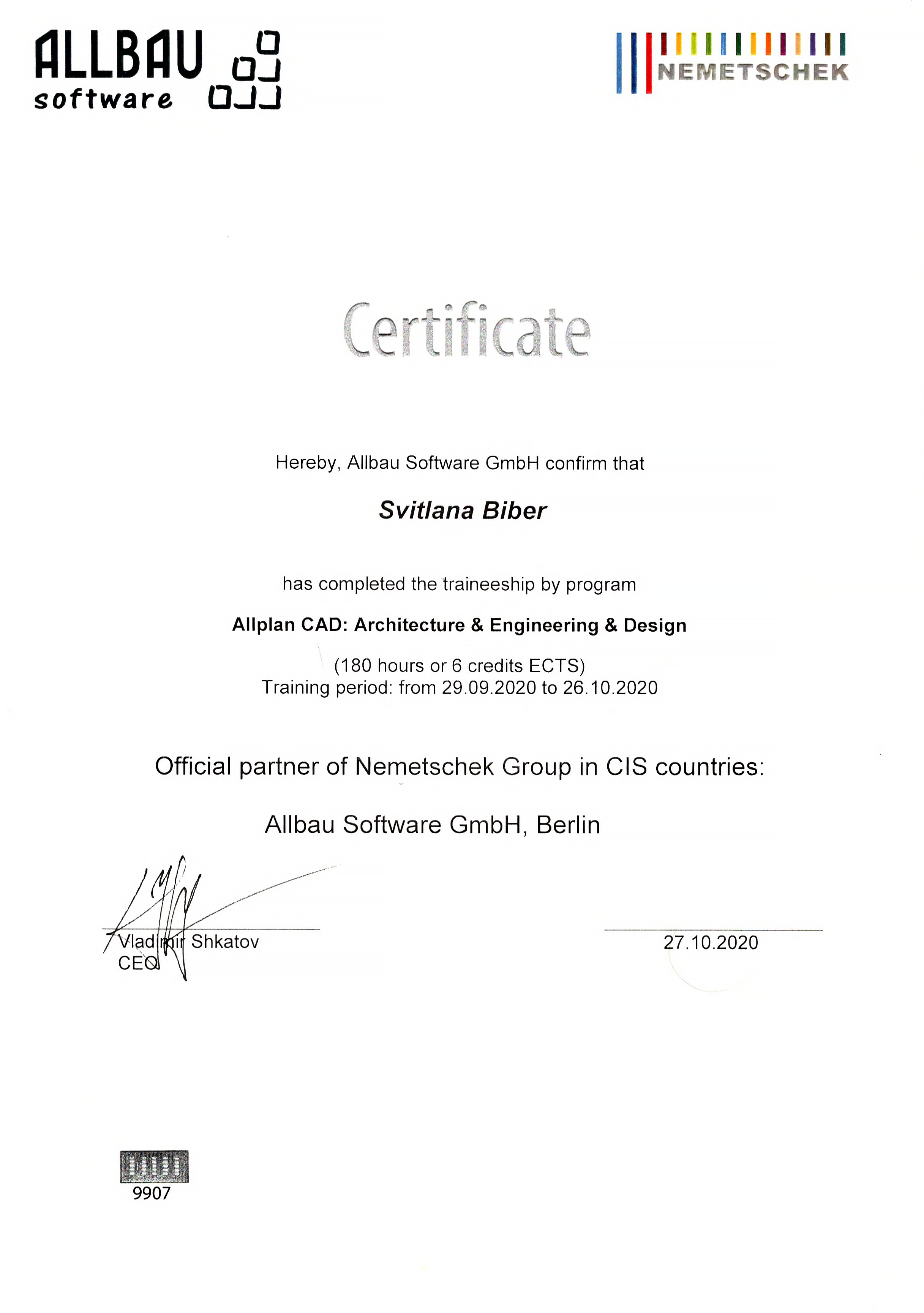 Certificate Allplan 2020 2 II 5