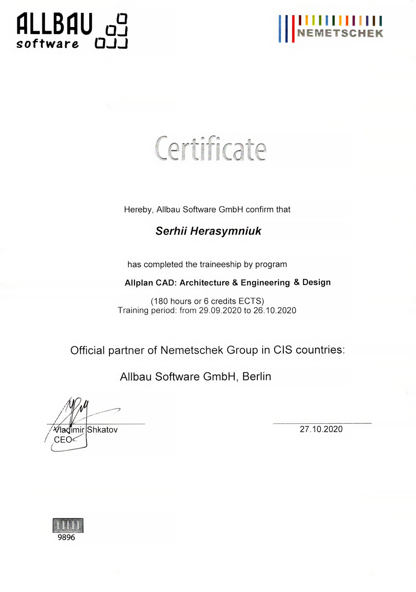 Certificate Allplan 2020 2 II 3